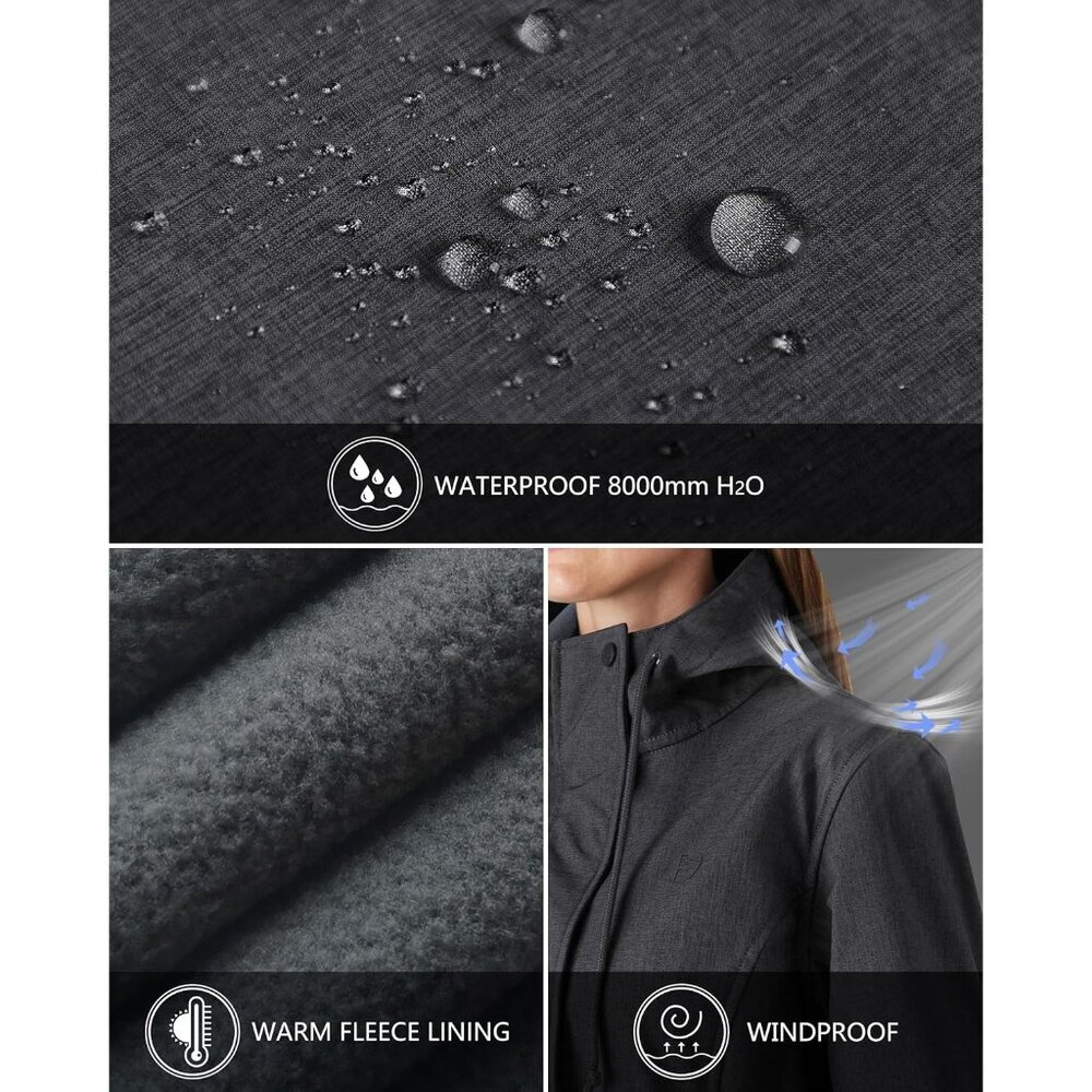 Women's Dark-grey Melange Lightweight Waterproof Hooded Rain Jacket,long Coat - Picture 3 of 8